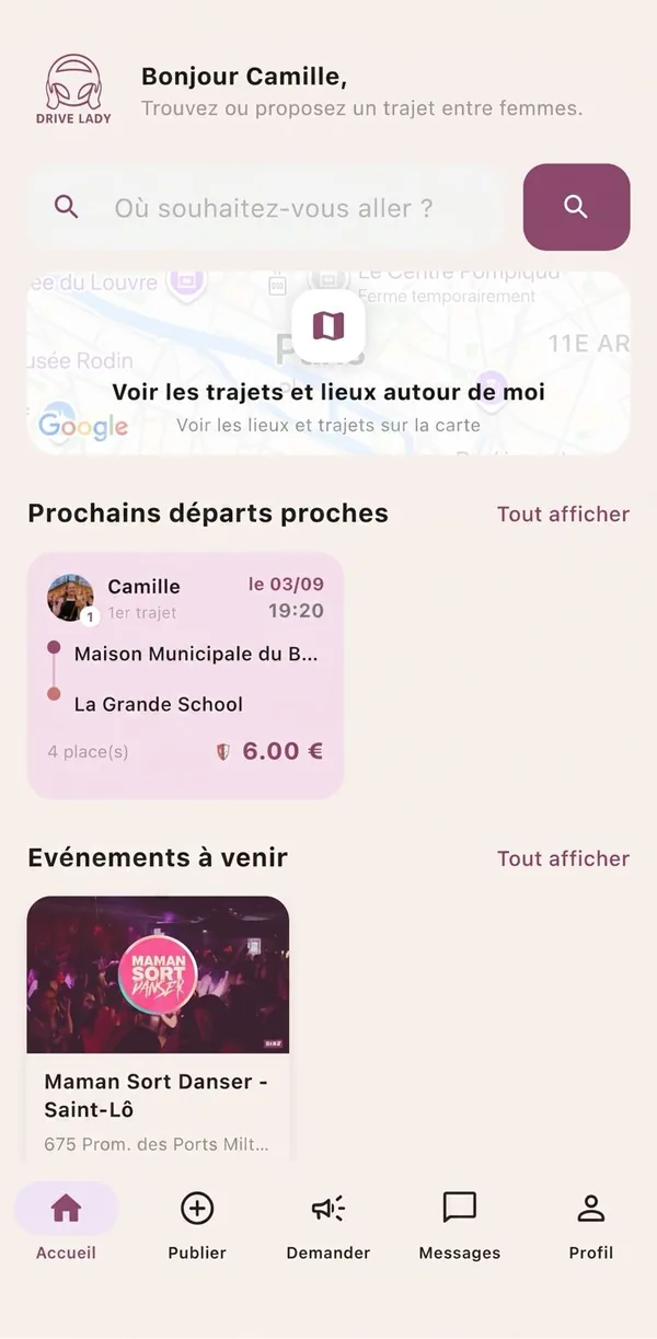 Écran d'accueil de l'application Drive Lady