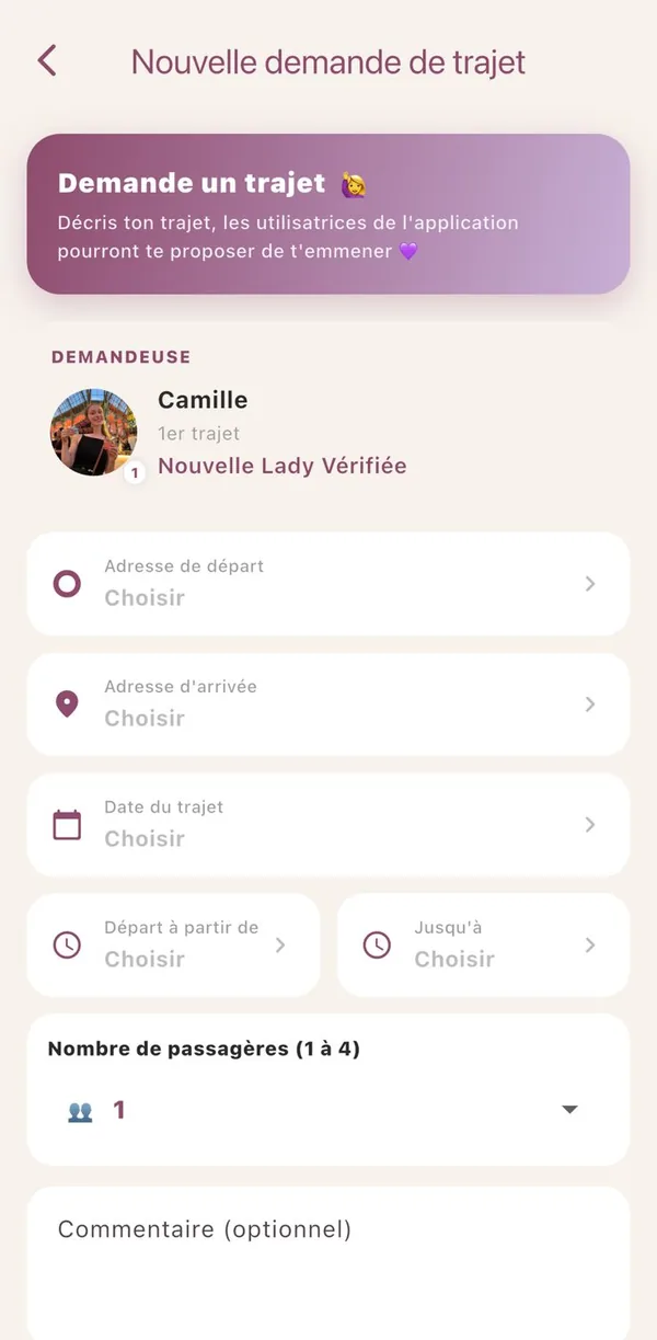 Écran Nouvelle demande de trajet de l'application Drive Lady