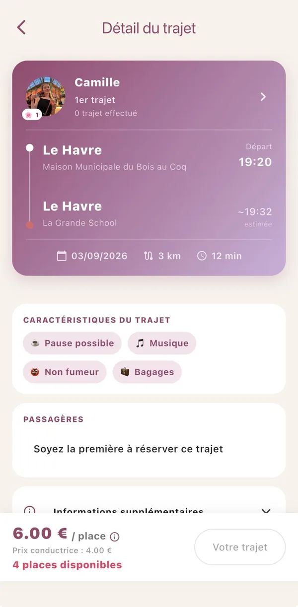 Écran Détail du trajet de l'application Drive Lady