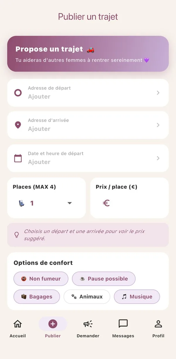 Écran Publier un trajet